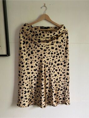 Renee C. Beige Satin Leopard-Spot Midi Skirt